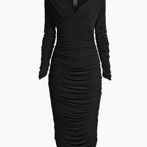 Norma Kamali Black Ruched Long Sleeve V-Neck Dress